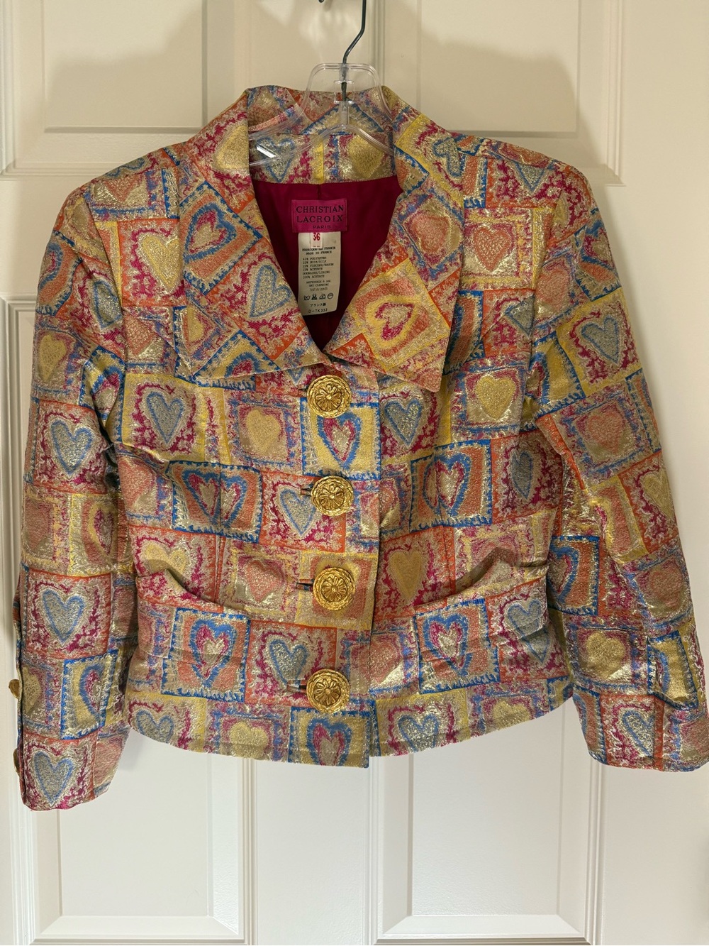 Christian Lacroix Metallic Heart Mosaic Cropped Blazer in Gold, Pink and Blue
